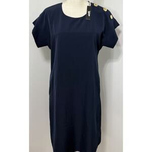 NEW T Tahari Women's Navy Blue Short Sleeve Shoulder Button Shift Dress Size 4